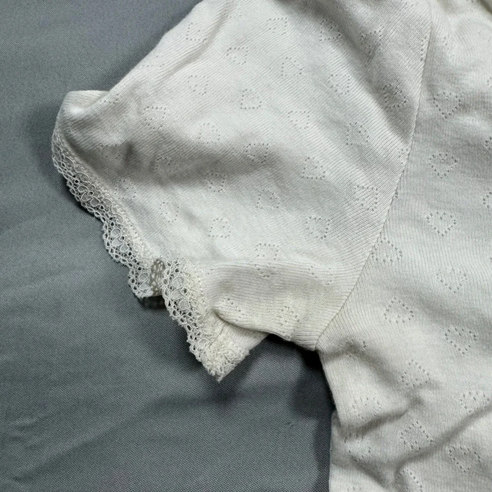 & Other Stories Paris Atelier White Heart Lace Trim Scoop Neck Top S Romantic